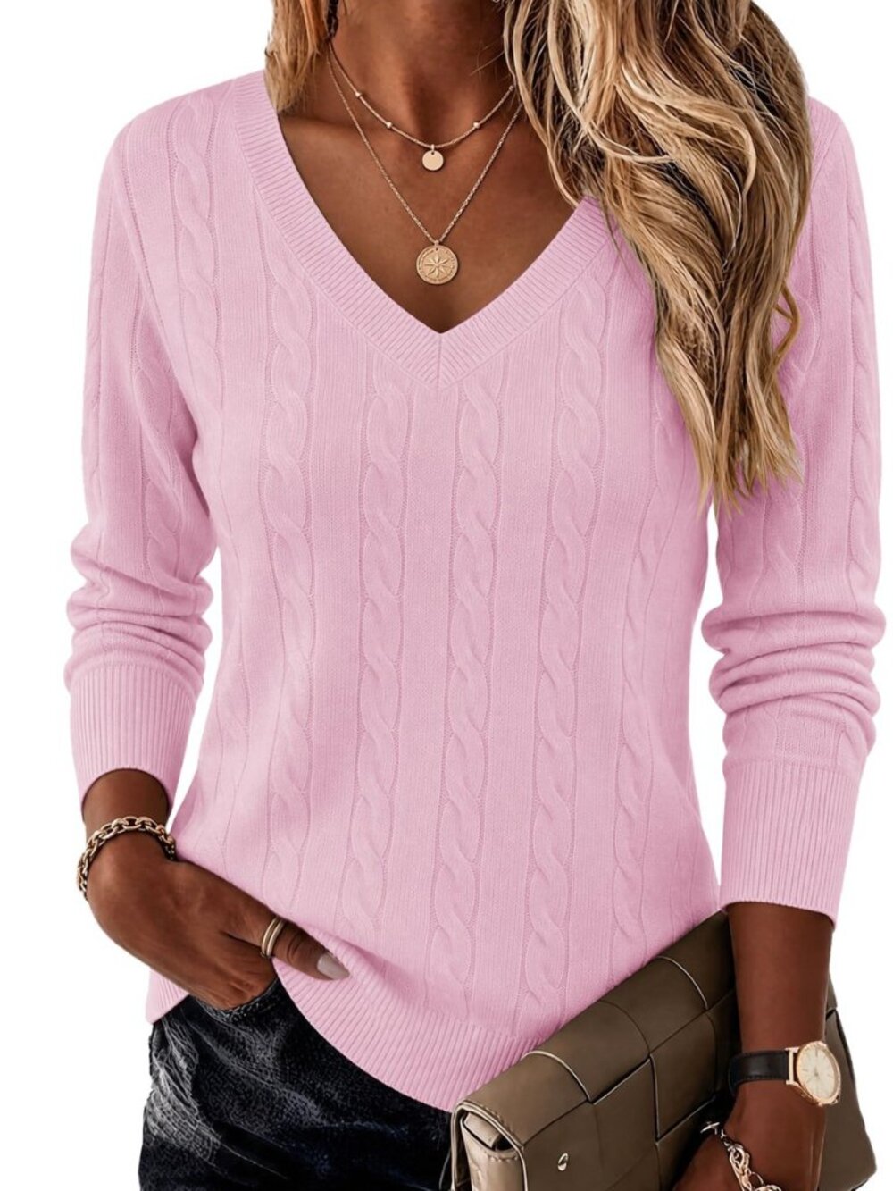 Womens Cable Knit V Neck Sweater Long Sleeve Fall Tops Clothes 2026